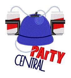 Colorful party hat design featuring a bright blue hat, red drink cans, and bold text 'PARTY CENTRAL'.