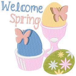 Decorative eggs with floral patterns and butterflies in soft pastel colors, celebrating spring.