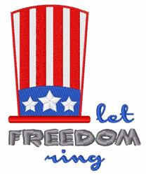 Patriotic hat with red and white stripes and blue base with stars, featuring 'let FREEDOM ring' text, festive style.