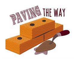 Three orange paving bricks stacked alongside a gray and burgundy trowel, featuring the text 'PAVING THE WAY' in bold.