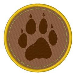 Playful paw print on textured brown background, framed by bright yellow circle, cartoonish style.