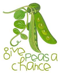 Playful pea pod with green peas, delicate leaves, and whimsical text 'give peas a chance' on a vibrant background.