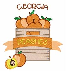 Colorful crate of ripe peaches with green leaves, vibrant 'GEORGIA' text, and bold 'PEACHES' banner, evoking summer.