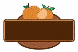 Two vibrant peaches with green leaves sit on a rounded brown label, creating a playful spring decor design.