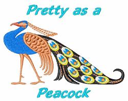 Colorful peacock with vibrant blue and green feather patterns, featuring whimsical text 'Pretty as a Peacock'.