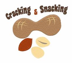 Playful peanut with cashew and almond, stitched text 'Cracking & Snacking' in earthy tones, great for kitchen decor.
