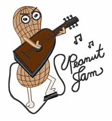 Playful peanut character playing a brown guitar surrounded by musical notes, celebrating joy in a cartoonish style.