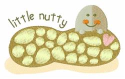 Playful peanut with a smiling gray stone on top, featuring earthy tones and whimsical text saying 'little nutty'.