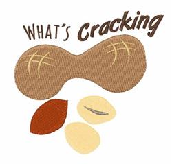 Playful peanut with textured brown shell, lighter halves, and 'What's Cracking' text in warm colors. Perfect for casual snack