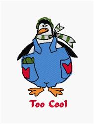 Playful penguin in blue overalls and a green hat with a striped scarf, featuring the text 'Too Cool'.