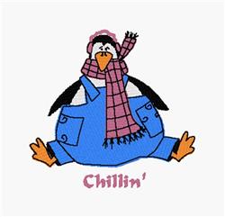 Colorful penguin in a blue winter outfit with a pink scarf, arms outstretched, playful design.