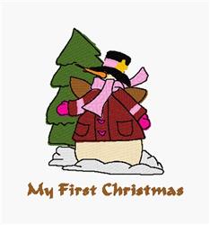 Whimsical penguin in a brown coat and pink scarf beside a colorful Christmas tree on snow, celebrating Christmas.