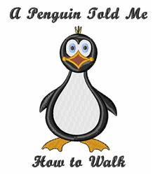Cartoon penguin with orange feet and bright blue eyes, wearing a crown. Playful text above and below adds whimsy.
