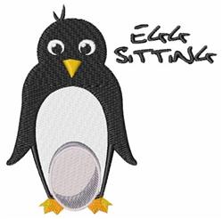 Cartoon penguin with black body, white belly, and yellow beak, holding an egg in playful design.