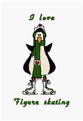 Playful penguin in ice skates, wearing a green scarf, with joyful expressions, against a winter theme.