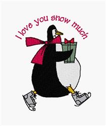 Playful penguin in a red scarf and ice skates joyfully carrying a gift box, perfect for winter decor.