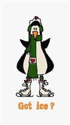 Cheerful penguin in a green scarf and ice skates, with a heart emblem, celebrating winter joy.