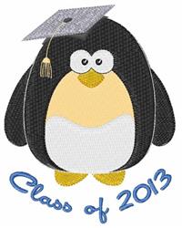 Playful penguin wearing a graduation cap with a cheerful yellow beak, featuring 'Class of 2013' in blue text.