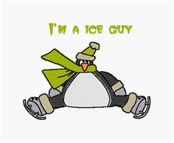 Cartoon penguin in roller skates and green scarf, with 'I'M A ICE GUY' text, cheerful winter design.