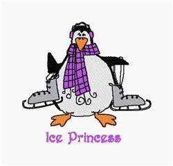 Playful penguin on ice skates with a purple checkered scarf and headphones, capturing a whimsical winter vibe.
