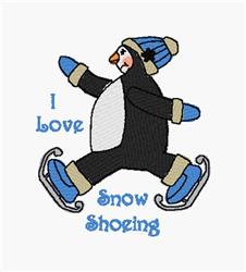 Cheerful penguin in blue hat and ice skates, joyfully skating in winter theme with playful design.