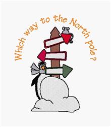 Playful penguin atop a fluffy cloud, vibrant signpost with arrows, winter theme.