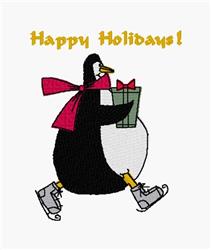 Playful penguin on skates with a bright pink scarf holding a green gift box for Happy Holidays.