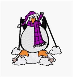 Cartoon penguin on skis with a purple hat and scarf, joyfully posed in fluffy snow; playful winter theme.