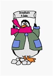 Playful penguin in a green coat and pink scarf offers 'Snowballs for Sale' atop small snowballs in winter.