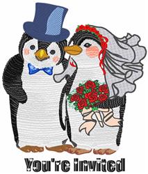 Two whimsical penguins dressed for a wedding—one in a tuxedo, the other in a wedding dress, with roses.