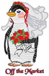 Playful penguin in a wedding veil holds a bouquet of red roses, showcasing charming embroidery for weddings.