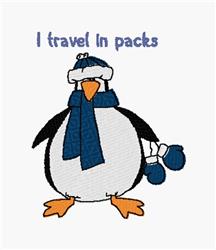 Playful penguin in a blue scarf and hat with pom-poms, featuring a humorous saying; perfect for kids' winter projects.