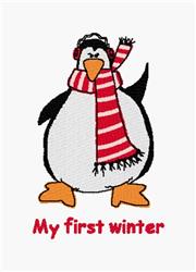 Playful penguin wearing a red and white striped scarf and earmuffs, with bright orange feet and 'My first winter' text.