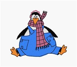 Cheerful cartoon penguin in a blue outfit and pink scarf, arms wide, celebrating winter joy.
