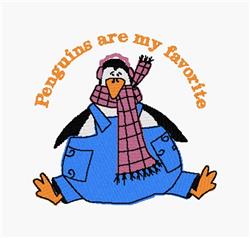 Playful penguin in a blue outfit and pink scarf, with 'Penguins are my favorite' text above, winter theme.