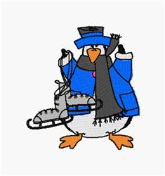 Cartoonish penguin in a blue coat and top hat, holding skates, perfect for winter-themed decor.