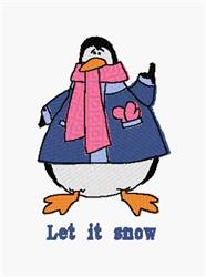 Cheerful penguin in a blue coat and pink scarf, playful winter theme with 'Let it snow' text.
