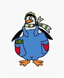Playful penguin in blue overalls, green hat, and striped scarf, cheerful expression, winter theme.