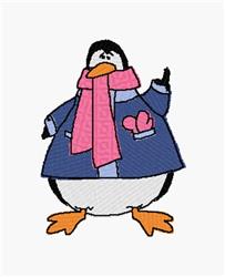 Playful penguin in a blue coat and pink scarf, raising a flipper, adds winter cheer to decor.
