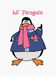 Cartoon penguin in a winter coat with a pink scarf and heart, cheerful expression, perfect for winter designs.