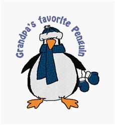 Playful penguin wearing a blue hat and scarf, holding a winter accessory with 'Grandpa's favorite Penguin' text above.