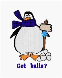 Playful cartoon penguin with a blue scarf, beside a sign and snowballs, perfect for winter-themed decor.