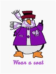 Playful penguin in a bright purple coat with a black hat and patterned scarf, perfect for winter-themed designs.