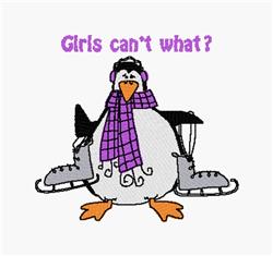 Playful penguin on skates wearing a purple scarf, with bright colors and whimsical text for winter fun.