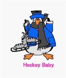Playful cartoon penguin in a blue coat, black hat, and scarf, holding ice skates for winter-themed designs.