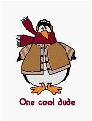 Cartoon penguin in a brown coat and red scarf, standing on orange feet. Cheerful winter vibe with 'One cool dude' text.