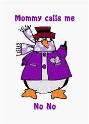 Whimsical penguin in a purple coat and scarf, holding a flipper, perfect for winter-themed embroidery.