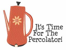 Playful percolator design with a vibrant orange color, floral details, and cheerful text, perfect for kitchen towels.