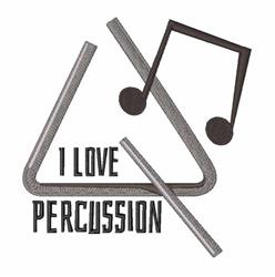 Modern design featuring percussion instruments, a playful triangle, and bold text 'I LOVE PERCUSSION' on a kitchen towel.