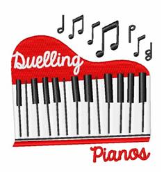 Playful red grand piano with black and white keys, topped with musical notes, perfect for vibrant machine embroidery.